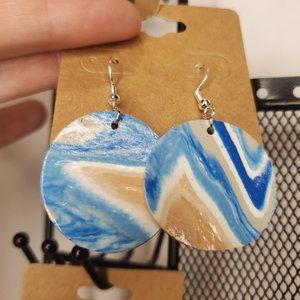 Handmade Folly Beach Womens Blue Tan Clay Gloss Finish Circular Discs Earrings